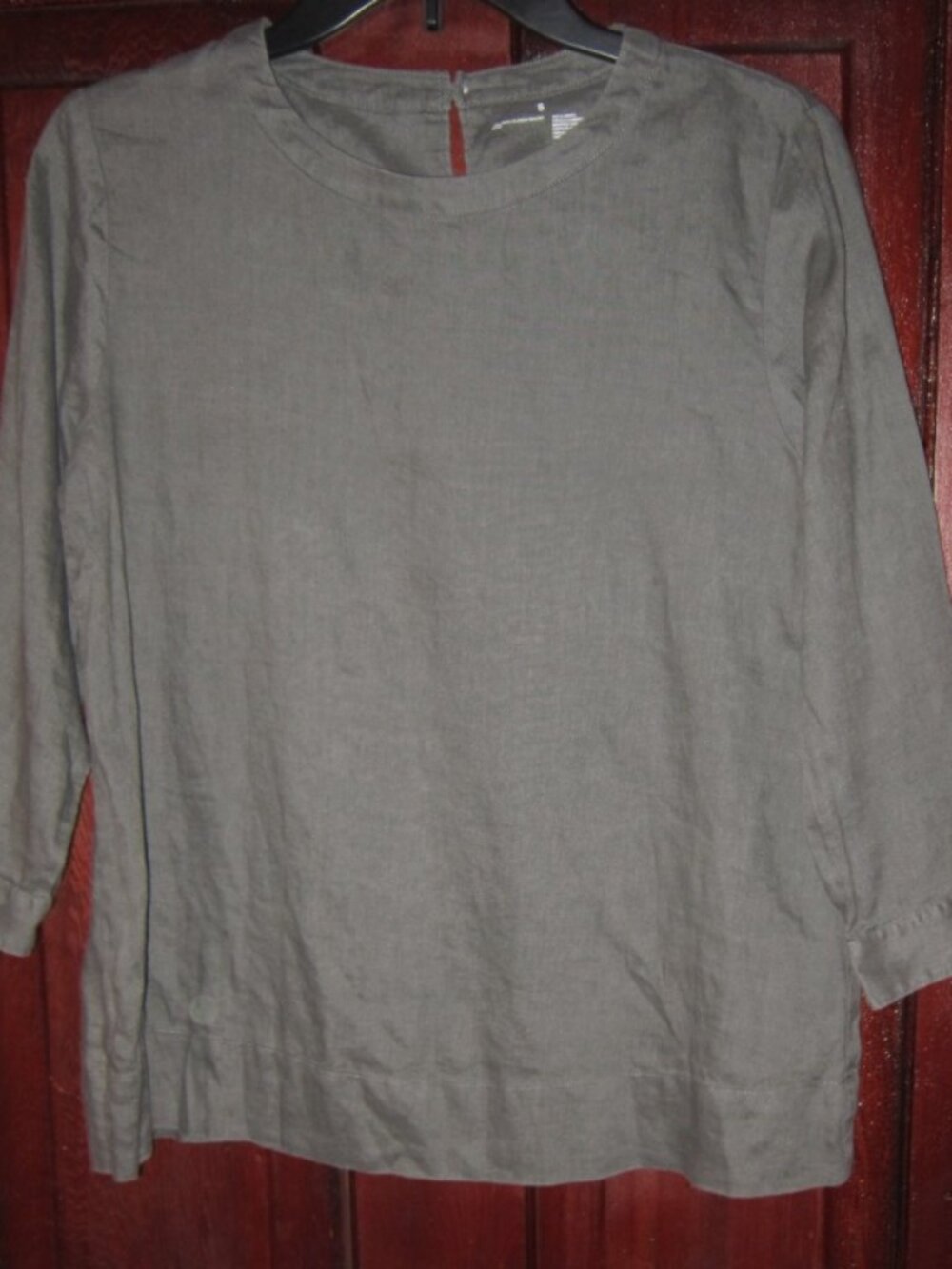 Muji Sz S 100% Linen Top Shirt Blouse 3/4 Sleeve Popover Gray Green Lightweight